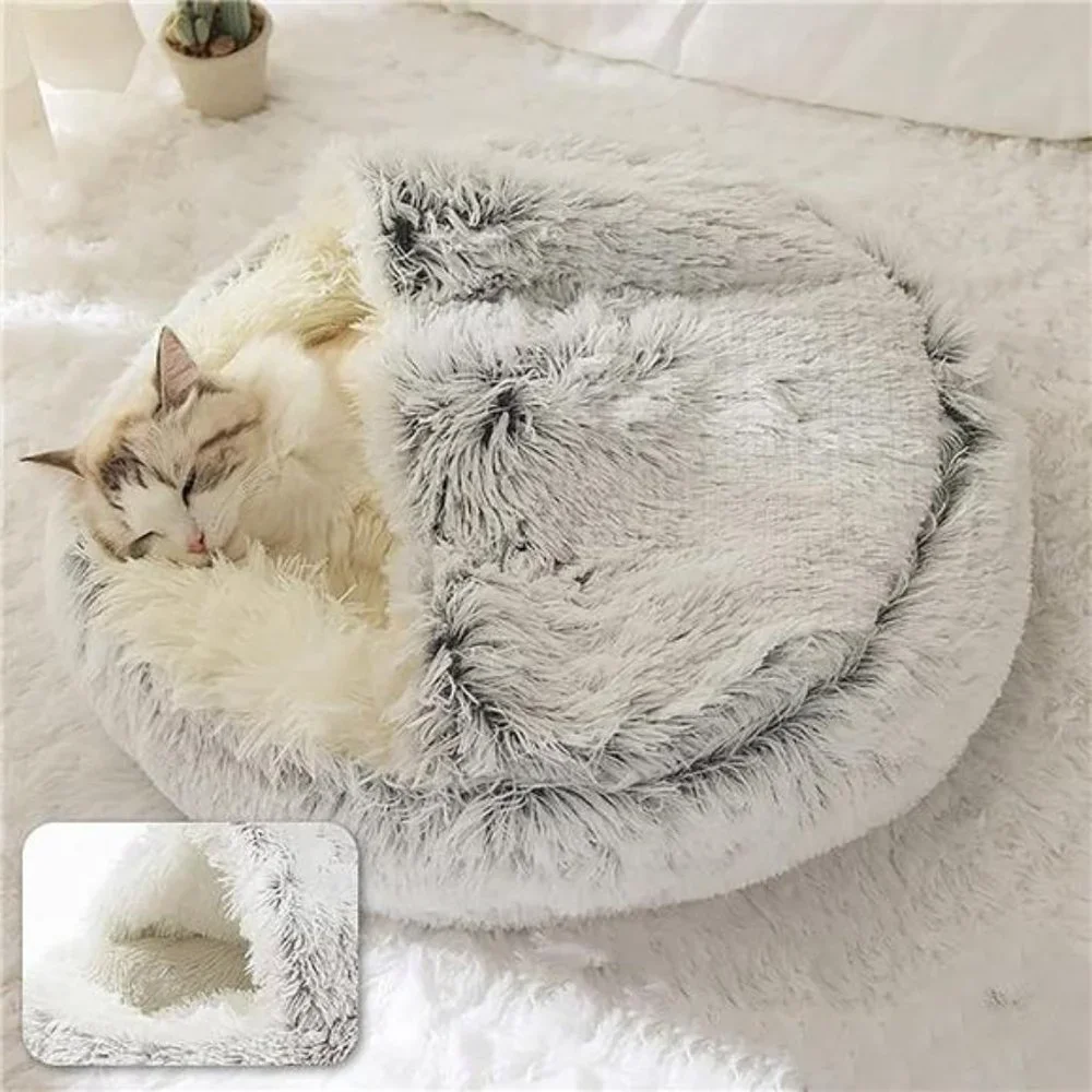 ShinHye Cat Bed Round Plush Fluffy Hooded Cat Bed Cave, Cozy for Indoor